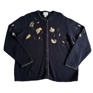 Y2K Christopher Banks Hand Embroidered Navy Gold Leaves Fall Cardigan Sweater XL